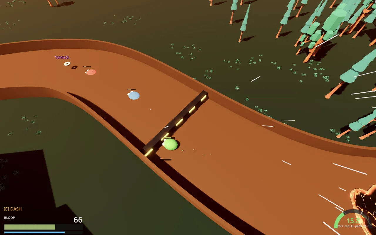 Slimes boosting around a sweeping bend
